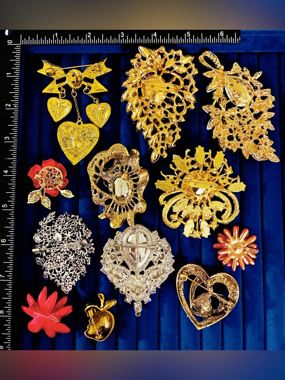 Lot of 12 Red Rhinestone Brooches Heart Flower Bow Apple Statement Pins Jewelry